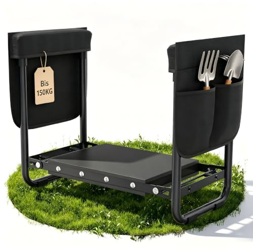Suusolny Multifunktionaler Garten Kniesitzbank klappbar mit weichem Eva-Schaumkissen & Zwei Werkzeugtaschen, Stabiler Gartenhocker für Ernte und Gartenpflege bis 150kg, Anthrazit