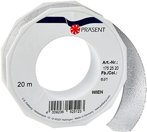 PRÄSENT C.E. Pattberg Wien Geschenkband Silber, 20 m Geschenkband zum Einpacken, 25 mm Breite, Zubehör zum Dekorieren & Basteln, Dekoband für Geschenke