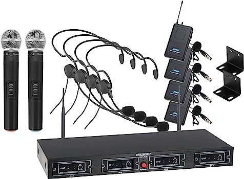 McGrey UHF-2V4H Quad Funkmikrofon Set (4-Kanal UHF-Empfänger, 2 dynamischen Handmikrofone, 4 kompakte Funk-Taschensender mit Gürtelclip, 4 Headsets, Reichweite 50 Meter, Betriebsdauer ca. 8 Stunden)