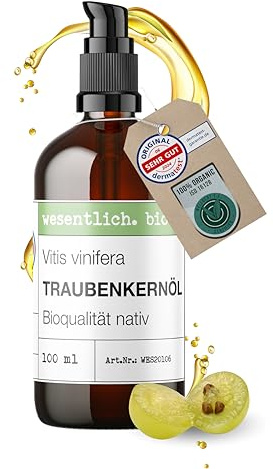 wesentlich. Huile de pépins de raisin bio pressée à froid | Soin de qualité supérieure naturel pour la peau et les cheveux | Protégée de la lumière et sans plastique dans une bouteille en verre ambré