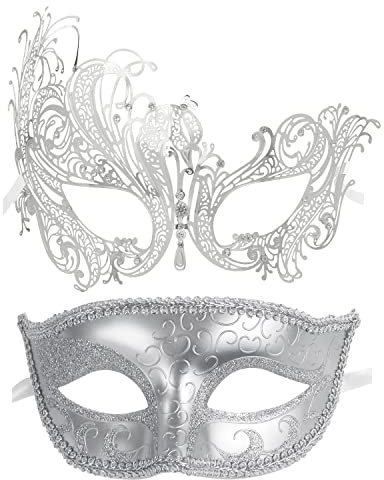 Coddsmz Couple Masquerade Mask Metal Masks Venetian Party Mask Halloween Costume Mask Mardi Gras Mask Party Evening Bar Prom Ball Mask Set for Women and Men Costumes Accessory (Silver+Silver)