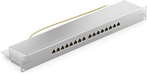 deleyCON CAT6a Panneau de Brassage 16 Port Bureau 19 Pouces Le Montage en Rack Assemblage du Serveur 16x RJ45 Blindé TIA568A TIA568B - Gris Clair