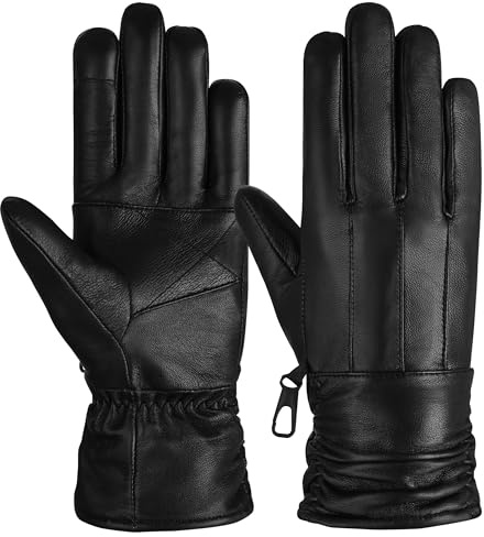 Hand Fellow Genuine Sheepskin Women Leather Gloves Women Winter Gloves Fleece Lined Touch Screen Driving Gloves (Black X-Large)