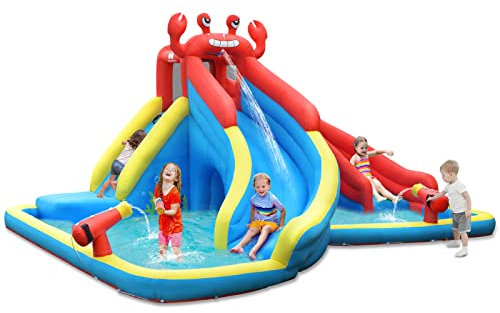 DREAMADE Aufblasbar Hüpfburg mit Wasserrutsche, Hüpfburg mit Planschbecken & Wasserkanonen & Kletterwand, Hüpfburg Krabbenförmig, Wasserpark Outdoor für Kinder 4-12 Jahre, 500X400X250cm (ohne Gebläse)