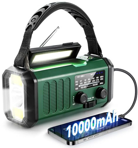 NOAA - Radio meteorológica de emergencia, la mejor batería portátil de 10000 mAh, manivela de mano, radios AM/FM, cargador de teléfono tipo C, linterna, lámpara de lectura, brújula, alerta de