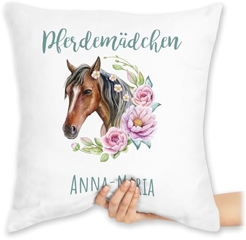 Kissen 40x40 Zierkissen - Pferde - Pferdemädchen Geschenk Pferd mit Name personalisiert I Pferdeliebhaber Sparbüchse - 40 x 40 cm - Weiß - pferdekissen Reiter pferdemotiv kissenhülle mädchen
