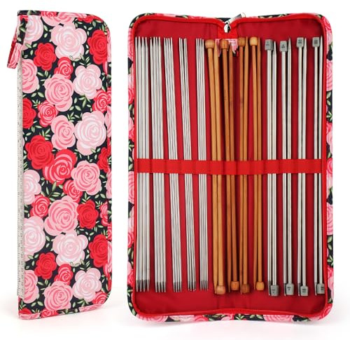 Aeelike Rote Rose Stricknadeln Häkelnadeln Aufbewahrung Etui, 43 נ14 נ2 cm, Extra Lang Organizer Tasche für Lang Tunesische Häkelnadel Aufbewahrung, Stricknadel Set und Nadelspiel Set (nur Tasche)