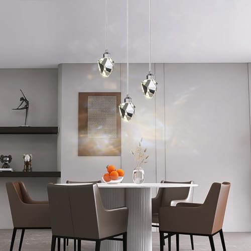 Sxtiger Moderna Lampada A Sospensione In Cristallo, Lampada A Sospensione In Cristallo Argentato A Led A 3 Colori, Per Isola Cucina Soggiorno Sala Da Pranzo Illuminazione (Base Rotonda A 3 Teste)