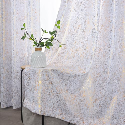 TERLYTEX Goldfarbene und weiße Vorhänge, mit metallischem, glitzerndem Foliendruck, für Schlafzimmer, mit Ösen, für Privatsphäre, halbtransparent, mit Schimmer, 132,08 x 160,02 cm