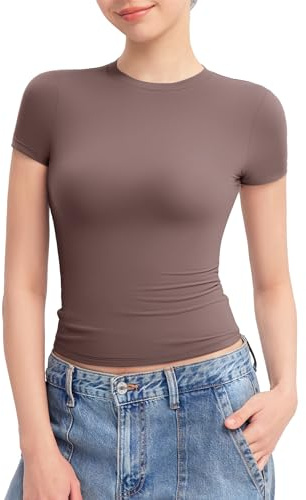 PUMIEY T Shirts for Women Crew Neck Short Sleeve Basic Tops Summer Y2K Crop Tops, Pimento Large