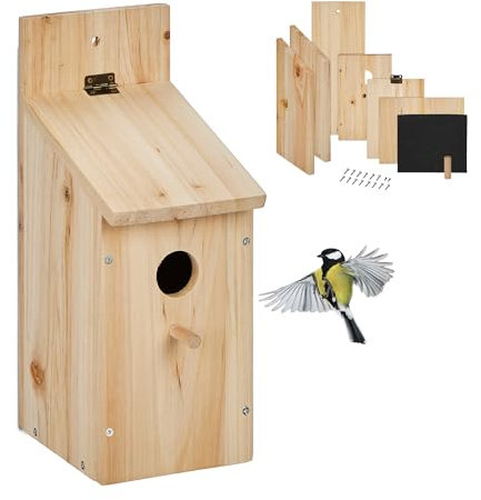 Relaxdays Casa per Uccelli, Casetta Nido da Appendere, Kit in Legno, con Foro e Posatoio, HLP 29,5x11,5x17 cm, Naturale, Acciaio Inox