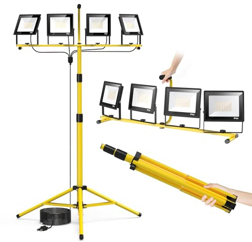TOPRATED Plug In Led Work Light with Stand,28000 Lumen 110V 4 Adjustable Head Outdoor Flood Lights,Foldable Mechanic Light with 16.5Ft Power Cord,Portable Waterproof Tripod with Lamp for Workbench