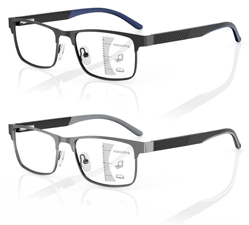 Amorays 2 Pack Gleitsichtbrille Progressive Multifokus Lesebrille Herren Metall Anti-Blaulicht Lesebrillen mit Federscharniere 8003(Schwarz&Grau，+2.00