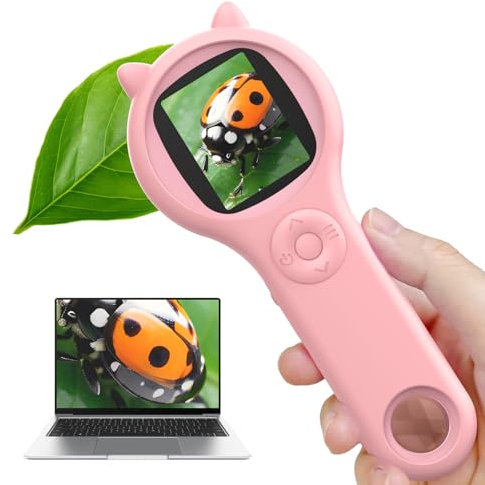 Ashfly Microscopio portatile per bambini, schermo IPS da 2,0, 200X, microscopio tascabile portatile, 3 livelli regolabili, luci LED USB su PC, mini microscopio per bambini dai 3 anni in su, rosa