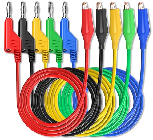 Cleqee Bananenstecker zu Krokodilklemmen Messleitungen, 5 Farben | 5 Stück, Stackable, Weiche flexible elektrische Kabel, Für Multimeter elektrische Prüfung, 500V/5A