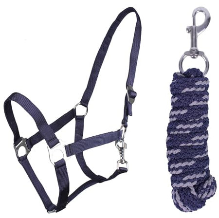 ARBO-INOX Halfter-Set Beginner de lux - Halfter + Führstrick - graue Akzente - verstellbar (Cob Vollblut, Blau)