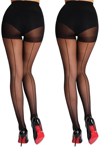 DORALLURE Strumpfhose mit Rücknaht und Kubanischen Absätzen Hohe Taille Control Top Pantyhose 2 Paar