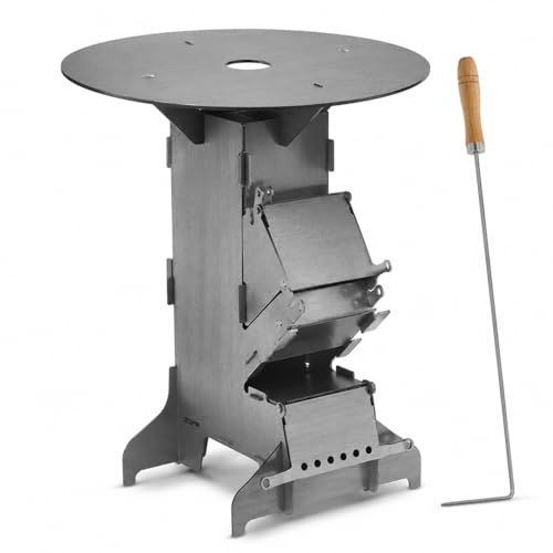 Peviasot Raketugn med grillplatta och eldkrok, rocket, stove, utomhus, 2 extra fötter, camping, vedkamin, BBQ camping, campingkök, campinggrill, raketugn av 3 mm tjock, massivt stål