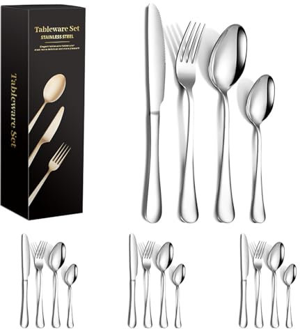 16 Pieces Silverware Flatware Cutlery Set Service for 4, Stainless Steel Cutlery Set, Including Knife/Fork/Spoon Kitchen Utensil Tableware Set for Home/Restaurant, Mirror Polished, Dishwasher Safe.