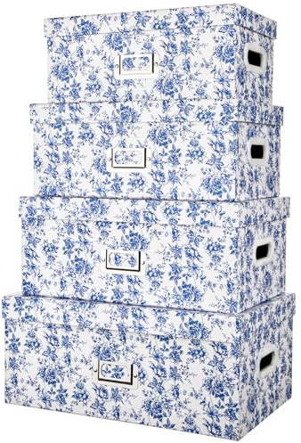 Hollyone 4er Set Aufbewahrungsboxen mit Deckel Karton Dekorative Boxen mit Grifföffnungen Rechteckige Stapelbaren Aufbewahrungsbox-Set für Bücher, Kleidung, Organisation zu Hause