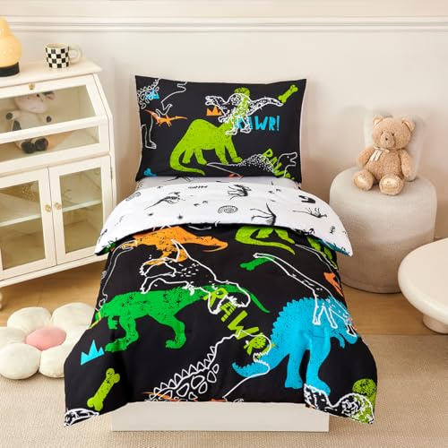 STYHO Dinosaur Bedding Set Single Size 2 Pieces Reversible Cartoon Animals Printed Duvet Cover for Boys Girls Ultra Soft Breathable Colorful Teen Kids Duvet Cover Set with Pillowcase(Dinosaur, Single)