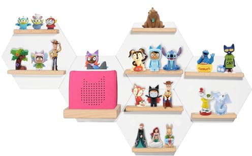 Givilio 5 Sets Tonie Shelf Magnetic,Hexagon Shape for Toniebox Figures Storage Display Shelf,Wall Floating Shelves Wooden,Compatible Charging Station for Toniebox, 1A+4B