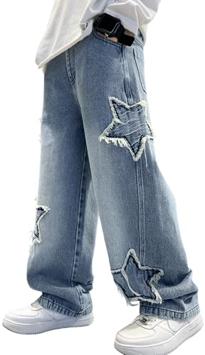 Happy Cherry - Pantalones de Mezclilla Niño Recto Pierna Ancha Vaqueros Holgados Estilo Callejero Jeans Juvenil Algodón Pantalón Suelto Cintura Elástica para Otoño Invierno - 152-158 - Azul