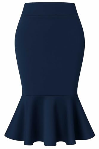 Fishtail Pencil Skirt with Elasticated Waist Women's Midi Length Skirts Below Knee Length Ladies Peplum Skirt Multiple Colours Plus Size UK 8-22 (UK, Numeric, 8, 10, Regular, Regular, Navy)