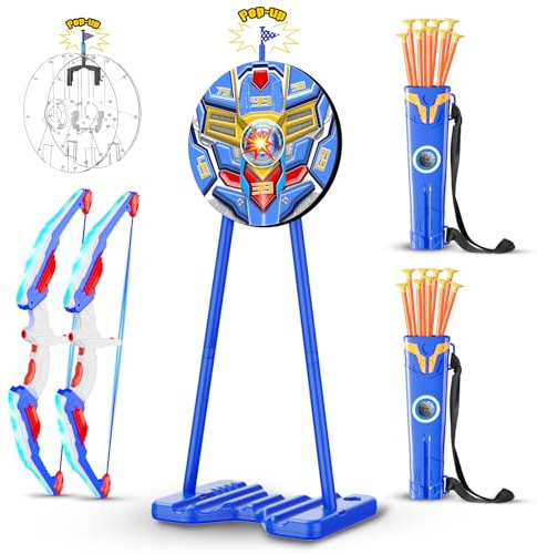 QCTOYS Bow and Arrow Set for Kids 2 Pack - LED Light Archery Set with Feedback Standing Target 20 Suction Cup Arrows 2 Quivers Indoor Outdoor Archery Sport Toys for Boys Age 4 5 6 7 8 9 Xmas Gifts