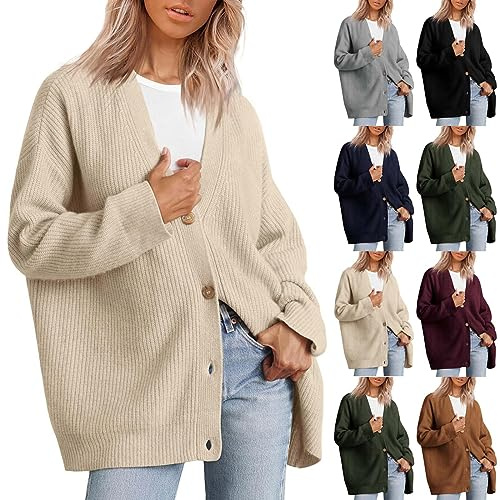 Cardigan Donna Invernale Elegante Giacca Donna Autunno Comoda Maglia Cotone Leggero Taglie Forti Golfino Girocollo a Maniche Lunghe Maglieria Classica con Bottoni(Beige,XXL)