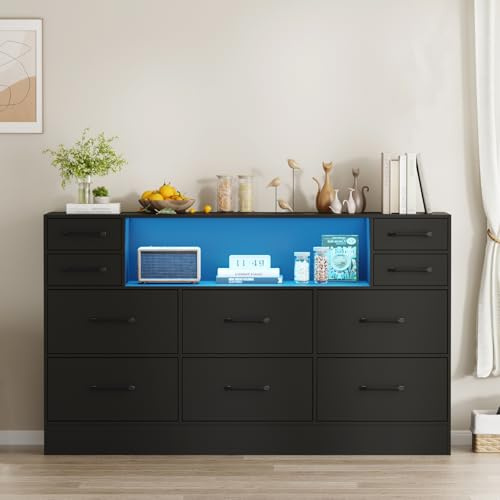 BSTSEL Chest of Drawers with LED Lights, 10 Fabric Drawers, 108x30x72cm Wooden Frame with Black Handles, Large Storage Dresser for Bedroom, Living Room, Hallways, Closet (Black)
