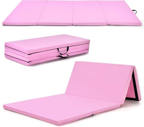 GOPLUS Vikbar gymnastikmatta 240 cm x 116 cm x 5 cm, vikbar gymnastikmatta med bärhandtag, kardborreband, gymnastikmatta, hopfällbar matta för yoga, stretch, aerobics, core träning (rosa)