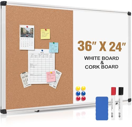 Board2by White Board Cork Board Combo 36 x 24, Large Whiteboard Bulletin Combination Board for Wall, Wall-Mounted Magnetic Dry Erase Board & Corkboard with Pens, Magnets and Pins for Office, School