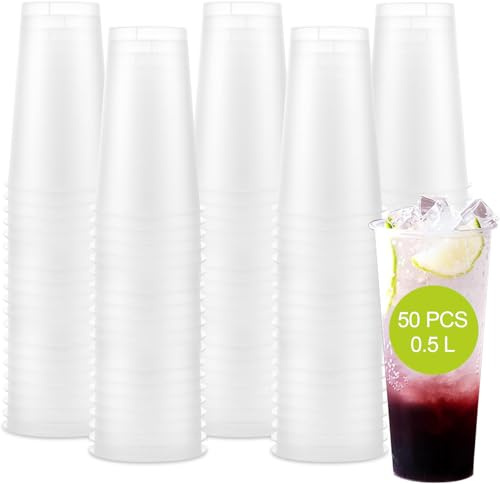 Oungy 50 stycken plastmuggar 0,5 liter, plastmuggar, transparenta plastkoppar, hård plast, 0,5 l/45 ml plastmuggar, stabil, återanvändbar, plastfestmugg för födelsedag, dryckesfester, bröllop
