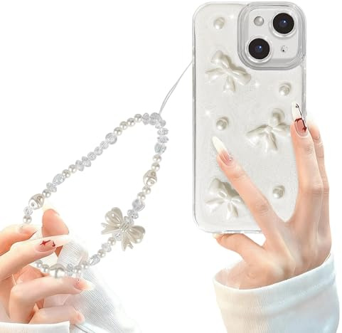 xoniery for iPhone 15 Case with Cute 3D Bowknot Aesthetic Pattern Case for Women Girls with Chain Wrist Strap Soft TPU Bumper Full-Camera Shockproof Protective Slim Anti-Yellow Cover