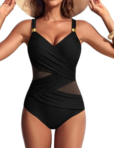 Hanna Hanna Nikole One Piece Swimsuits for Women,Sexy Mesh Swimwear with Fashionable Metal Buckle,Adjustable Straps Monokini Hawaiian Black M