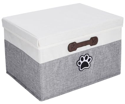 Brabtod Dog Toy Basket with Lid, Fabric Dog Toy Box with Handle, Collapsible Dogs Cat Toys Storage Bins,Pet Storage and Orgnizer-White/Gray