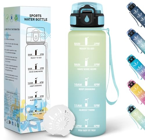 Baramumu Borraccia, 1000ML Senza BPA, Borraccia Plastica, Design della serratura a prova di perdite, Borracce Motivazionale, Con marca temporale, Bottiglia Acqua per Stadio, Ufficio - Gelido&cielo