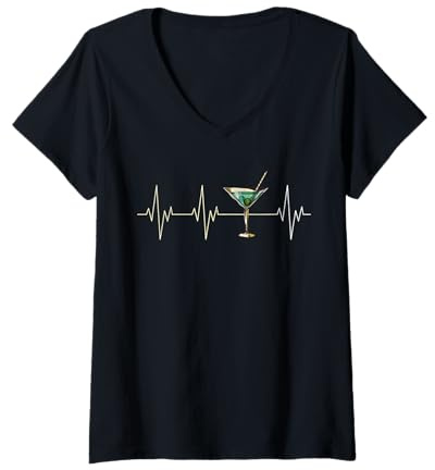 Women's Cool Martini Heartbeat Love Cocktail Glass Happy Hour Brunch V-Neck T-Shirt