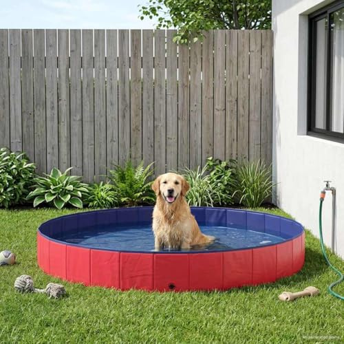 LoogCape Hundpool röd Ø 300 x 38 cm tillverkad av robust PVC för utomhusbruk, vikbar, perfekt för valpar och fyrbenta vänner, uppfriskande i trädgården eller på språng, hållbara djurtillbehör för