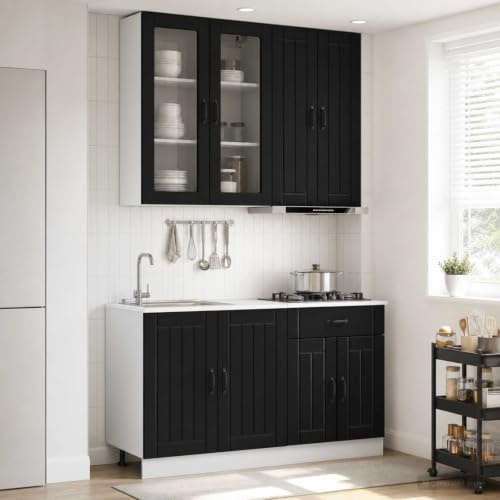 Ezbryzmatic Lucca Kitchen Unit, 4-Piece Black Chipboard, Kitchen Furniture with Glass Door, Base Cabinet with Drawer, Adjustable Feet, Wall Mounting, Suitable for More Storage Space in the Kitchen