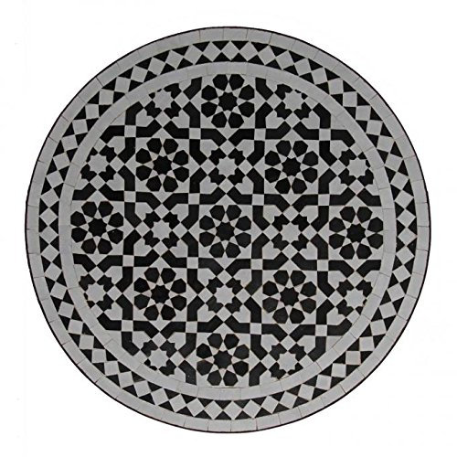 Mesa de jardín mediterránea | Mosaico marroquí Blanco y Negro | Diámetro 70 cm con marco de hierro | Hecho a mano | Mesa de terraza decorativa o de cóctel de jardín | MT2144