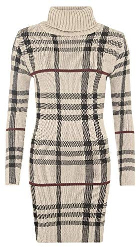GirlzWalk ® New Ladies Polo Neck Tartan Knitted Midi Women Long Sleeve Bodycon Jumper Dress (Beige Check, XL/UK 16-18)