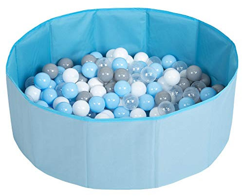 Selonis Faltbare Bällebad Mit 100 Bälle Für Kinder Spielbad, Blau:Grau/Weiß/Transparent/Babyblau
