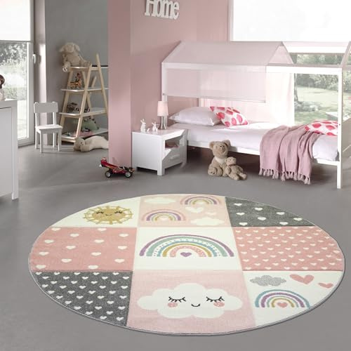 Teppich-Traum Runder Kinderzimmer Teppich Spielteppich Regenbogen Herzchen Wolken Rosa Creme Grau 120 cm Rund