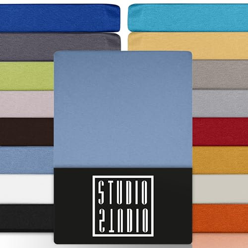 STUDIO Premium Spannbettlaken 120x200cm, 120x220cm, 130x200cm & 130x220cm – Jersey-Spannbetttuch aus 97 % Baumwolle & 3 % Elastan – Mittelblau – Öko-Tex zertifiziert, bügelfrei – für Matratzen 15–35cm