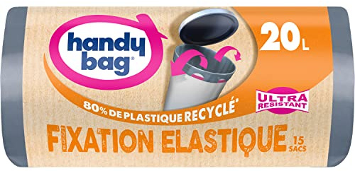 Handy Bag - Sacs poubelle fixation élastique 20L x 15 sacs - Maintient le sac en place - Ultra Résistant - Film triple épaisseur - Étanchéité maximale - 100% plastique recyclé