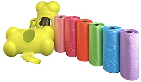 Sacchetti per bisogni dei cani, con dispenser Osso e clip per guinzaglio, confezione da 105 sacchetti igienici per escrementi cani con dispenser Osso e clip, Sacchetti per Deiezioni Canine.