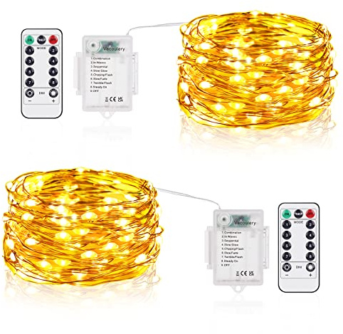 Stringa Luci LED a Batteria, 5M 50 LEDs 8 Modalità Lucine led Decorative IP65 Impermeabile con Telecomando, Timer e Dimmer per Interni e Esterni, Natale, Feste (2 Pezzi, Bianco Caldo)