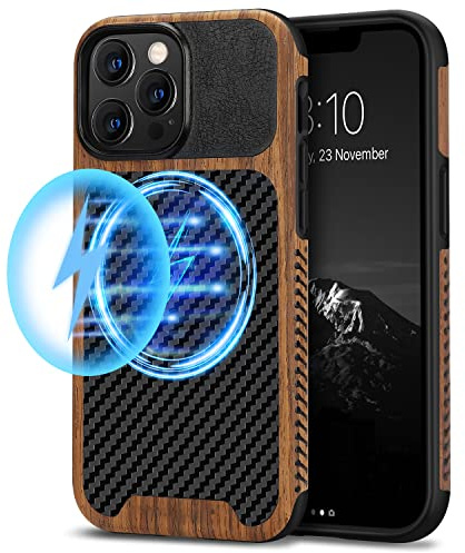 TENDLIN Coque Magnétique Compatible avec iPhone 13 Pro Etui Hybride en Bois et Carbone et Cuir Compatible avec MagSafe (Noir)
